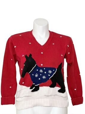 Vintage Liz Claiborne Holiday Sweater Scottish Dog knit sweater 100% Cotton